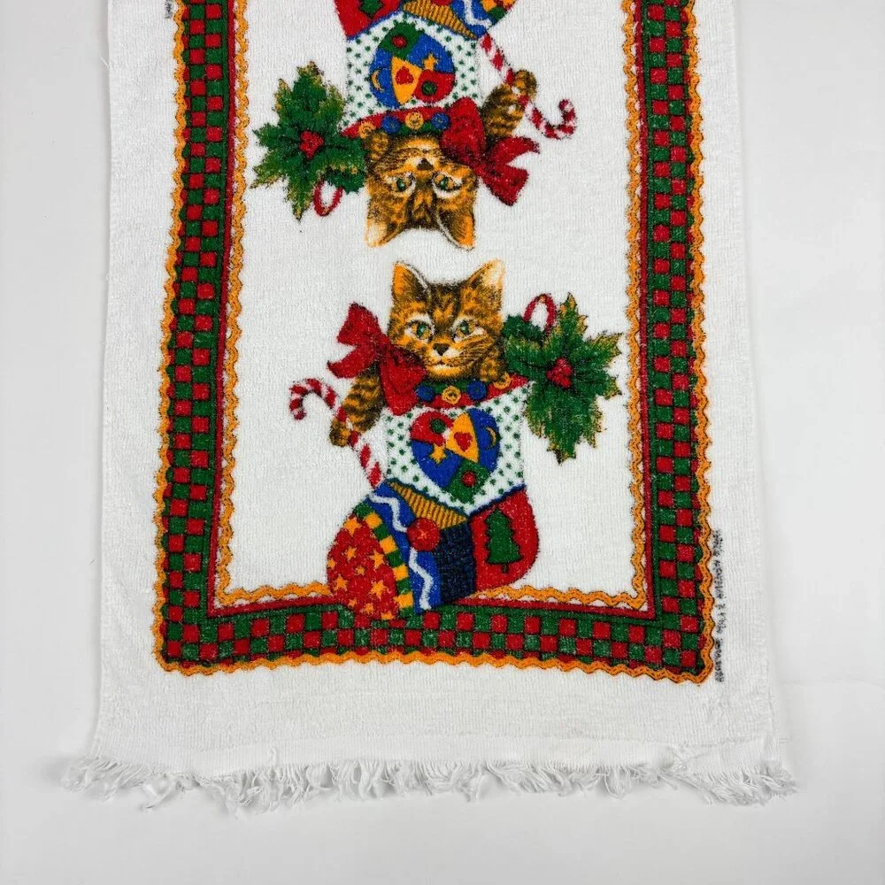 Vintage Cat Christmas Hand Towel Stocking Bathroom Decor Revere Mills